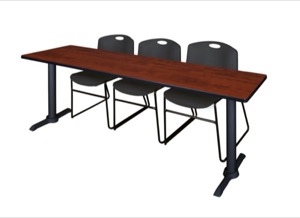 Cain 84" x 24" Training Table - Cherry & 3 Zeng Stack Chairs - Black