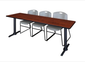 Cain 84" x 24" Training Table - Cherry & 3 Zeng Stack Chairs - Grey