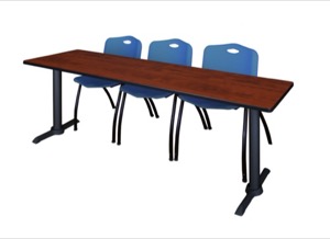 Cain 84" x 24" Training Table - Cherry & 3 'M' Stack Chairs - Blue