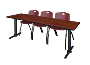 Cain 84" x 24" Training Table - Cherry & 3 'M' Stack Chairs - Burgundy