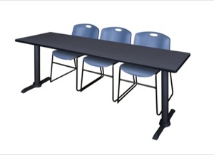 Cain 84" x 24" Training Table - Grey & 3 Zeng Stack Chairs - Blue