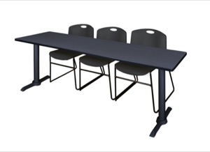Cain 84" x 24" Training Table - Grey & 3 Zeng Stack Chairs - Black