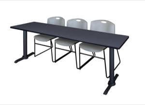 Cain 84" x 24" Training Table - Grey & 3 Zeng Stack Chairs - Grey