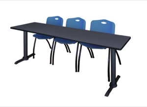 Cain 84" x 24" Training Table - Grey & 3 'M' Stack Chairs - Blue