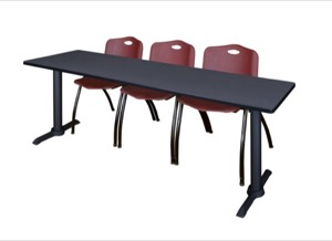 Cain 84" x 24" Training Table - Grey & 3 'M' Stack Chairs - Burgundy