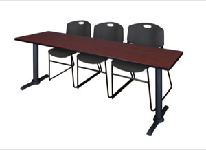 Cain 84" x 24" Training Table - Mahogany & 3 Zeng Stack Chairs - Black
