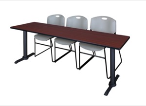 Cain 84" x 24" Training Table - Mahogany & 3 Zeng Stack Chairs - Grey