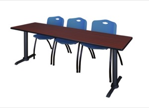 Cain 84" x 24" Training Table - Mahogany & 3 'M' Stack Chairs - Blue