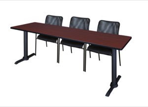 Cain 84" x 24" Training Table - Mahogany & 3 Mario Stack Chairs - Black