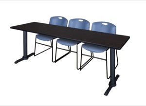 Cain 84" x 24" Training Table - Mocha Walnut & 3 Zeng Stack Chairs - Blue