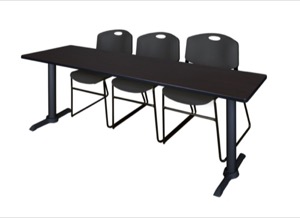 Cain 84" x 24" Training Table - Mocha Walnut & 3 Zeng Stack Chairs - Black