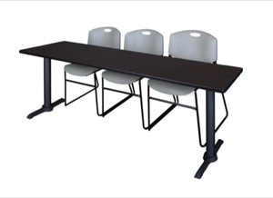 Cain 84" x 24" Training Table - Mocha Walnut & 3 Zeng Stack Chairs - Grey