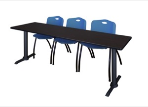 Cain 84" x 24" Training Table - Mocha Walnut & 3 'M' Stack Chairs - Blue