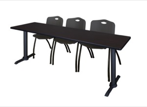 Cain 84" x 24" Training Table - Mocha Walnut & 3 'M' Stack Chairs - Black