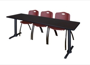 Cain 84" x 24" Training Table - Mocha Walnut & 3 'M' Stack Chairs - Burgundy