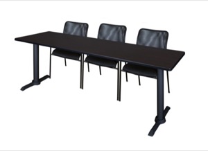Cain 84" x 24" Training Table - Mocha Walnut & 3 Mario Stack Chairs - Black