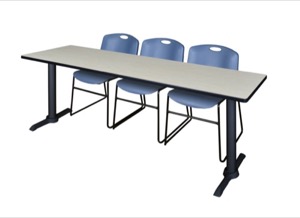 Cain 84" x 24" Training Table - Maple & 3 Zeng Stack Chairs - Blue