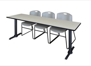 Cain 84" x 24" Training Table - Maple & 3 Zeng Stack Chairs - Grey