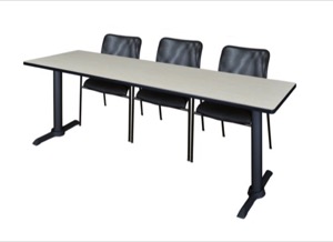 Cain 84" x 24" Training Table - Maple & 3 Mario Stack Chairs - Black