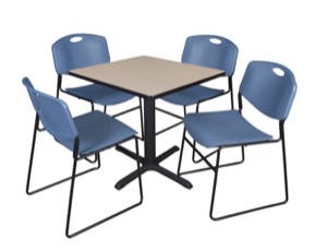 Cain 30" Square Breakroom Table - Beige & 4 Zeng Stack Chairs - Blue