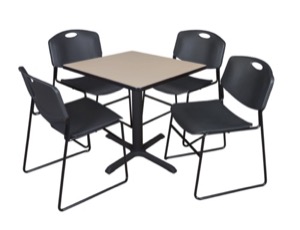 Cain 30" Square Breakroom Table - Beige & 4 Zeng Stack Chairs - Black