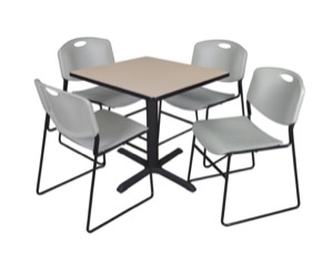 Cain 30" Square Breakroom Table - Beige & 4 Zeng Stack Chairs - Grey