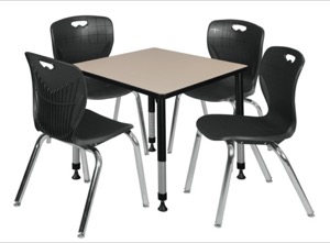 Kee 30" Square Height Adjustable  Classroom Table  - Beige & 4 Andy 18-in Stack Chairs - Black