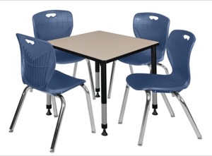 Kee 30" Square Height Adjustable  Classroom Table  - Beige & 4 Andy 18-in Stack Chairs - Navy Blue