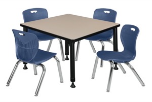 Kee 30" Square Height Adjustable  Classroom Table  - Beige & 4 Andy 12-in Stack Chairs - Navy Blue