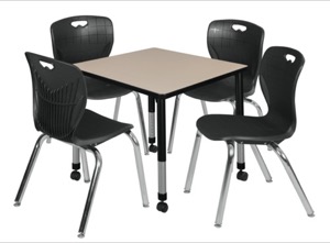 Kee 30" Square Height Adjustable Mobile  Classroom Table  - Beige & 4 Andy 18-in Stack Chairs - Black