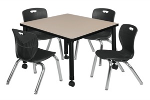 Kee 30" Square Height Adjustable Mobile  Classroom Table  - Beige & 4 Andy 12-in Stack Chairs - Black