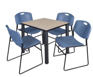 Kee 30" Square Breakroom Table - Beige/ Black & 4 Zeng Stack Chairs - Blue