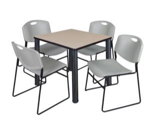 Kee 30" Square Breakroom Table - Beige/ Black & 4 Zeng Stack Chairs - Grey