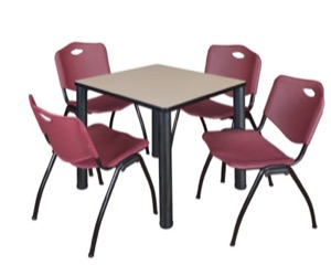 Kee 30" Square Breakroom Table - Beige/ Black & 4 'M' Stack Chairs - Burgundy