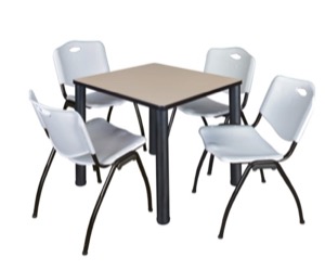 Kee 30" Square Breakroom Table - Beige/ Black & 4 'M' Stack Chairs - Grey