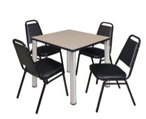 Kee 30" Square Breakroom Table - Beige/ Chrome & 4 Restaurant Stack Chairs - Black