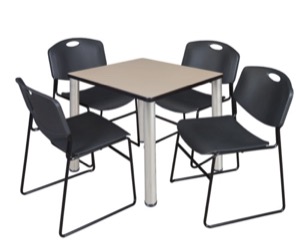Kee 30" Square Breakroom Table - Beige/ Chrome & 4 Zeng Stack Chairs - Black