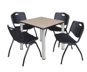 Kee 30" Square Breakroom Table - Beige/ Chrome & 4 'M' Stack Chairs - Black