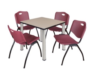 Kee 30" Square Breakroom Table - Beige/ Chrome & 4 'M' Stack Chairs - Burgundy
