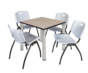 Kee 30" Square Breakroom Table - Beige/ Chrome & 4 'M' Stack Chairs - Grey