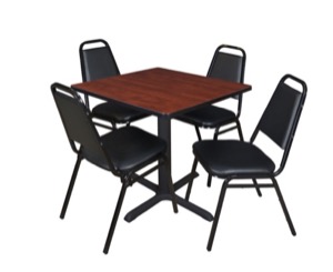 Cain 30" Square Breakroom Table - Cherry & 4 Restaurant Stack Chairs - Black