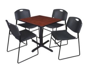 Cain 30" Square Breakroom Table - Cherry & 4 Zeng Stack Chairs - Black