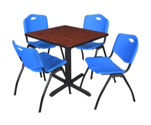 Cain 30" Square Breakroom Table - Cherry & 4 'M' Stack Chairs - Blue