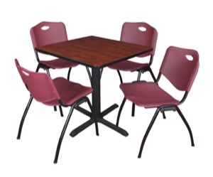 Cain 30" Square Breakroom Table - Cherry & 4 'M' Stack Chairs - Burgundy
