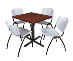 Cain 30" Square Breakroom Table - Cherry & 4 'M' Stack Chairs - Grey