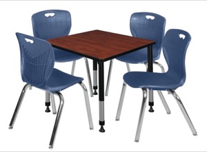 Kee 30" Square Height Adjustable  Classroom Table  - Cherry & 4 Andy 18-in Stack Chairs - Navy Blue
