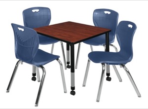 Kee 30" Square Height Adjustable  Mobile Classroom Table  - Cherry & 4 Andy 18-in Stack Chairs - Navy Blue