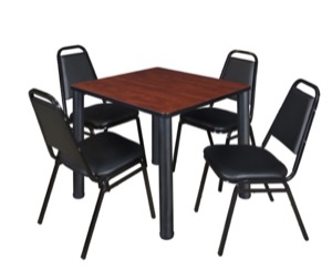 Kee 30" Square Breakroom Table - Cherry/ Black & 4 Restaurant Stack Chairs - Black
