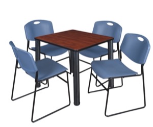 Kee 30" Square Breakroom Table - Cherry/ Black & 4 Zeng Stack Chairs - Blue