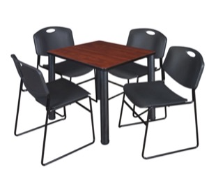 Kee 30" Square Breakroom Table - Cherry/ Black & 4 Zeng Stack Chairs - Black